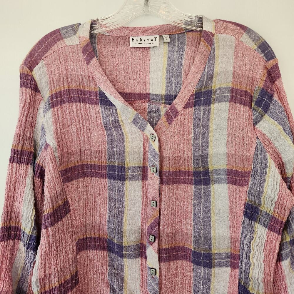Habitat Top Womens L Pink Gray Plaid Crinkle Button Linen Blend Boho Chic Preppy - Picture 2 of 11